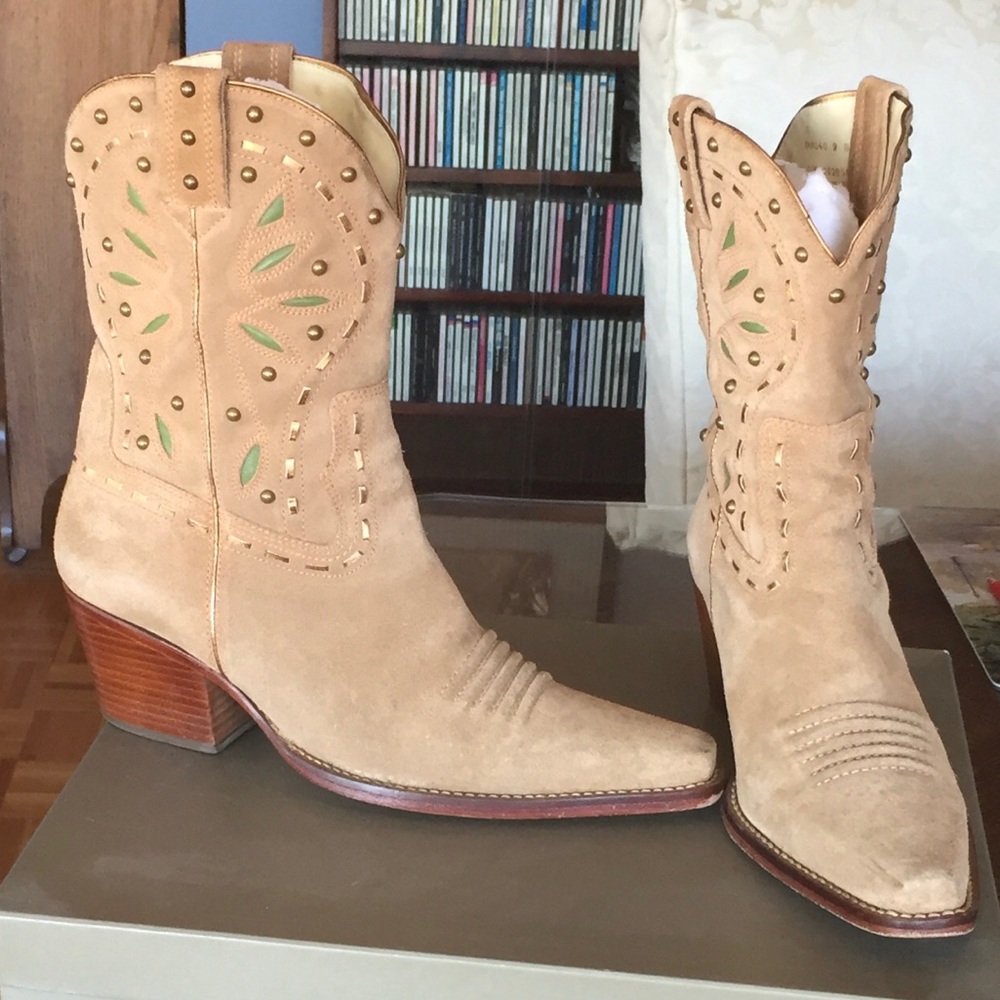Camel colored suede studded Cole Haan cowboy boots